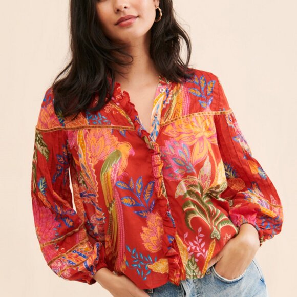 FARM Rio Mystic Bush Buttoned Blouse Red Boho Sz S - Picture 3 of 12